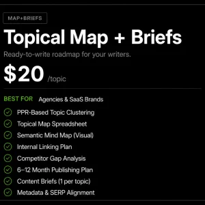 Topical Map + Content Briefs pricing card at $20 per topic