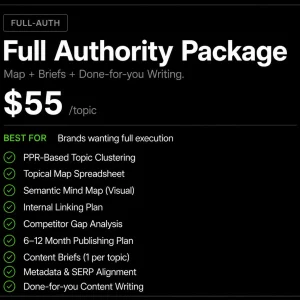 Full Authority Package pricing card at $55 per topic including topical map content briefs and content writing