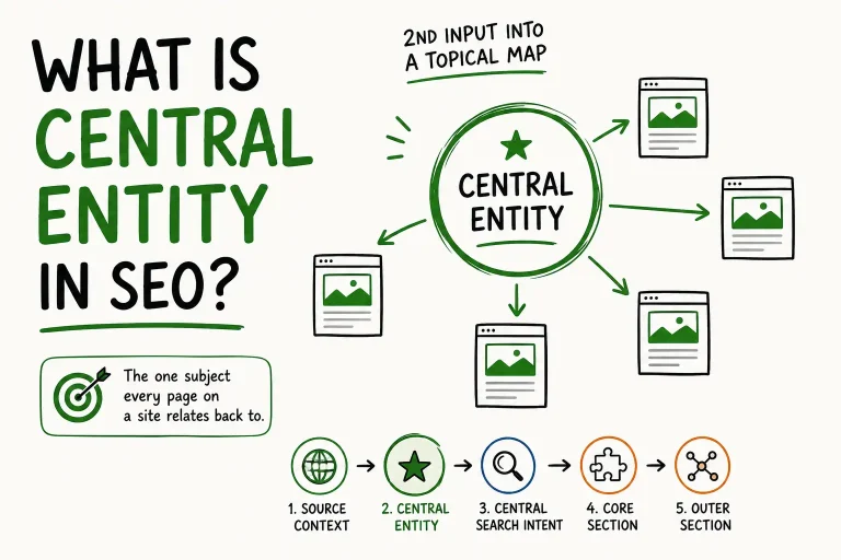 Central Entity definition the one subject every page on a site relates back to, shown as the second input into a topical map