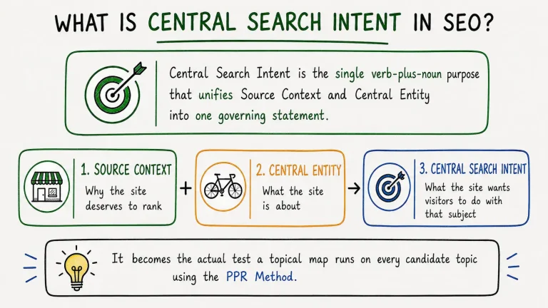 Central Search Intent definition Source Context and Central Entity unified into one governing purpose for a topical map