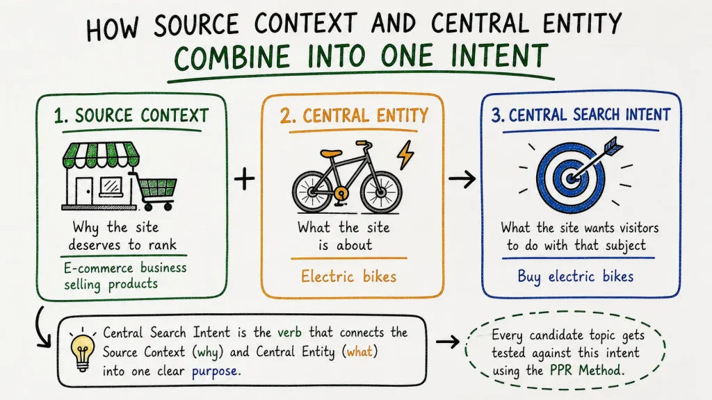 Central Search Intent formula Source Context plus Central Entity unified into one governing purpose, shown with electric bike retailer example