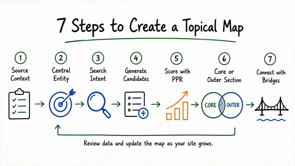 Complete topical map creation process from Source Context through Central Search Intent, candidate generation, PPR scoring, section placement, and bridges