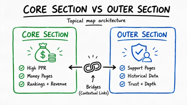 Core Section and Outer Section split showing monetization pages versus supporting historical-data pages in a topical map