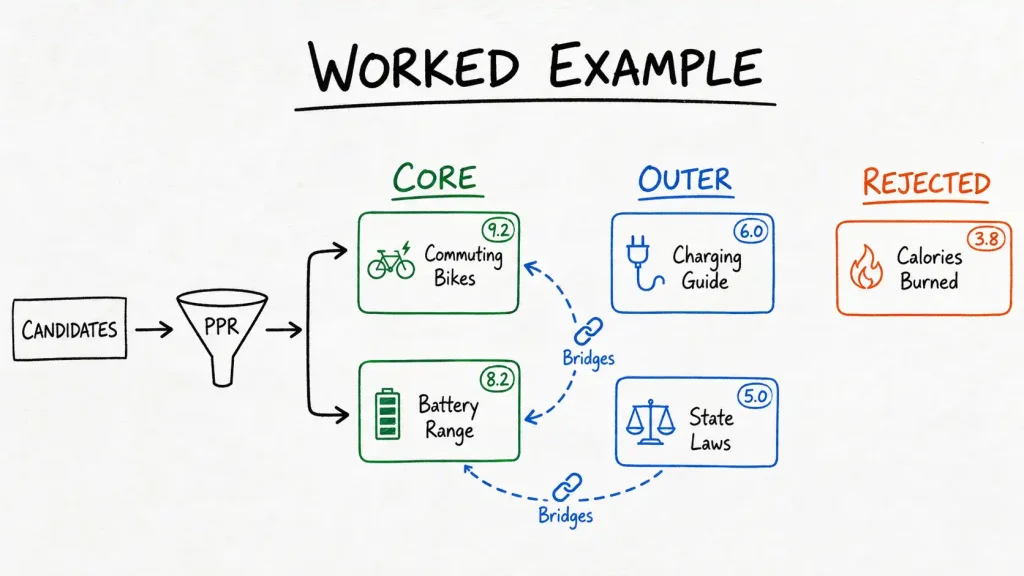 Full worked example showing 5 candidate topics scored with PPR, 2 placed in Core Section, 2 in Outer Section, 1 rejected, connected through bridges
