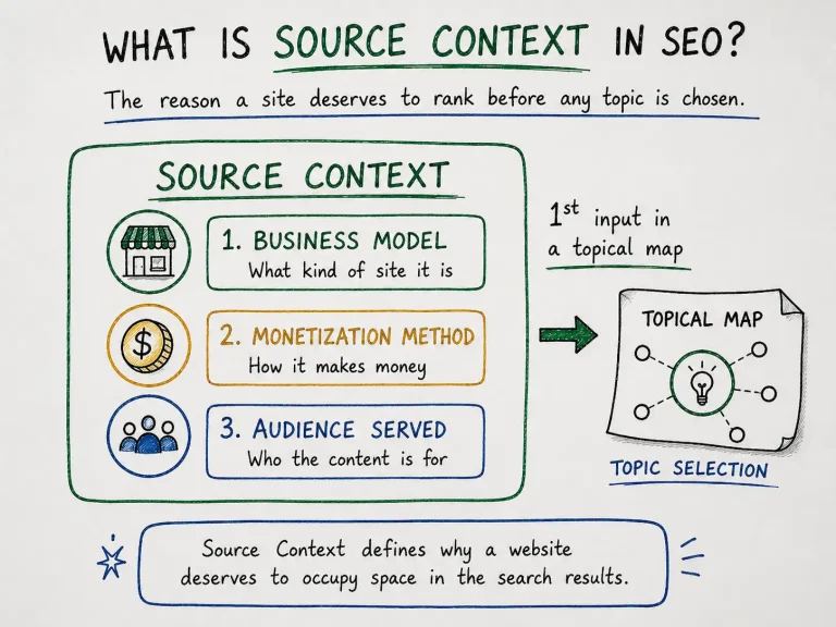 Source Context definition business model, monetization method, and audience served, shown as the first input into a topical map