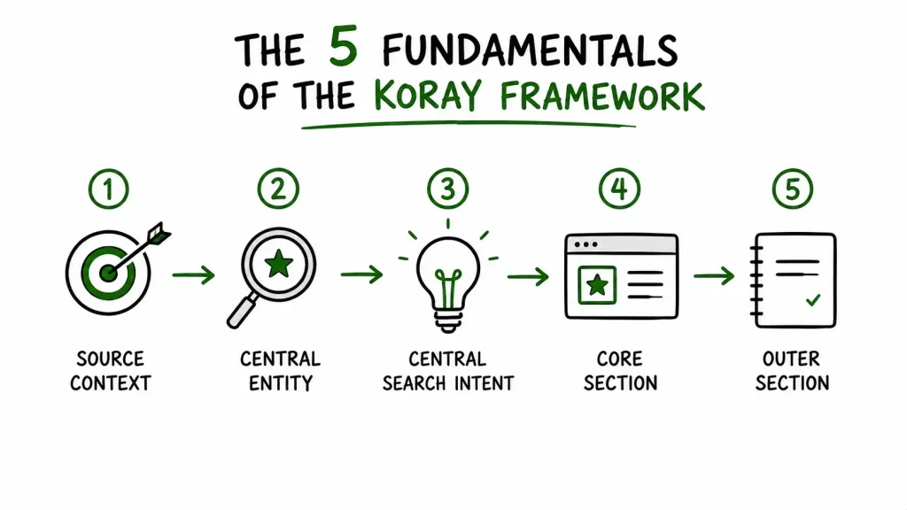 The 5 fundamentals of the Koray Framework in sequence Source Context, Central Entity, Central Search Intent, Core Section, Outer Section