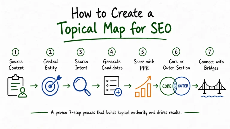 The 7 steps to creating a topical map using the Koray Framework, from defining Source Context through connecting Core and Outer Sections with bridges