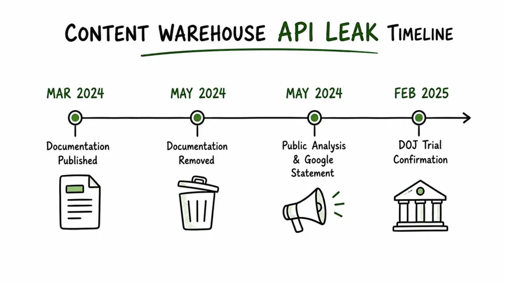 Timeline of the 2024 Google Content Warehouse API leak, from initial publication to DOJ trial confirmation in February 2025