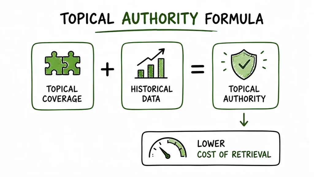 Topical Authority formula Topical Coverage plus Historical Data, reducing Cost of Retrieval for search engines