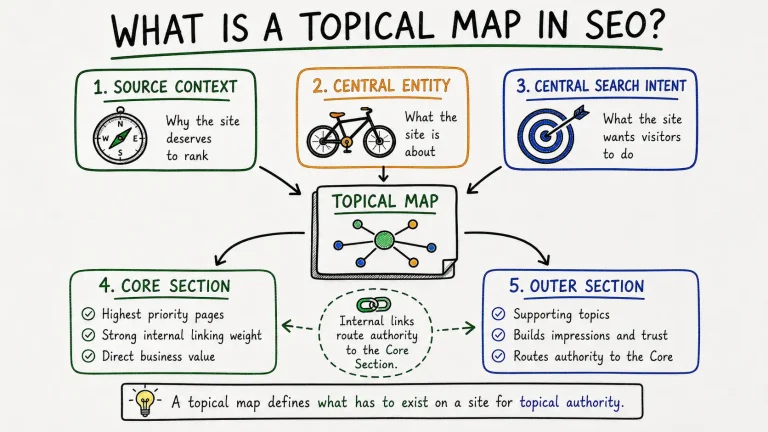Topical map diagram showing Core Section and Outer Section connected by Source Context, Central Entity, and Central Search Intent