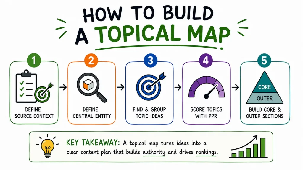 Diagram showing topical map as the source document feeding into topic clusters and content calendars, with keyword list as a separate supporting input