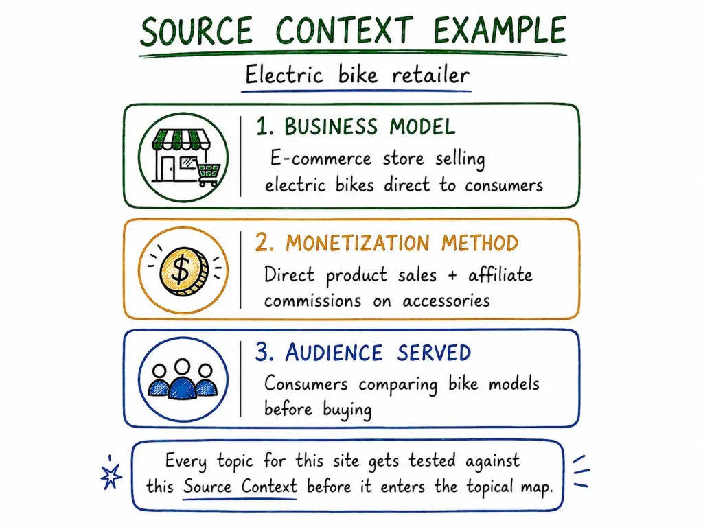 Source Context example for an electric bike retailer business model, monetization method, and audience served